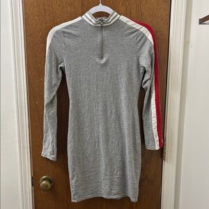 Heart Hips Long Sleeve Gray Dress with Red and White Stripes